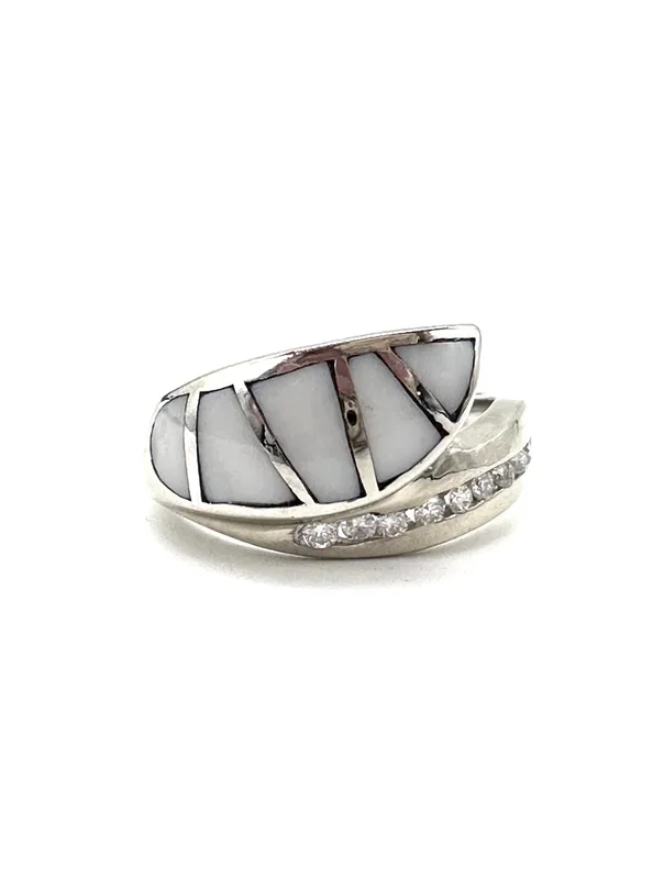 White Onyx and Diamond Bypass Ring