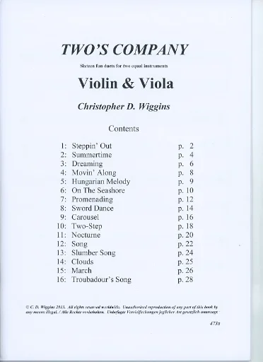 Wiggins, Christopher: Two’s Company-Sixteen Little Duets for two equal instruments (violin & viola)