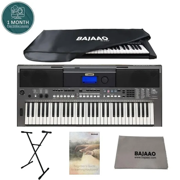Yamaha PSR I400 61 Key Portable Keyboard Bundle with Polishing Cloth, Stand, Online Lessons & Ebook